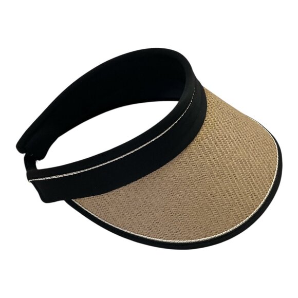 Women’s Wide Brim Straw Sun Visor Hat Black Trim Adjustable Golf Tennis Beach - Picture 4 of 7